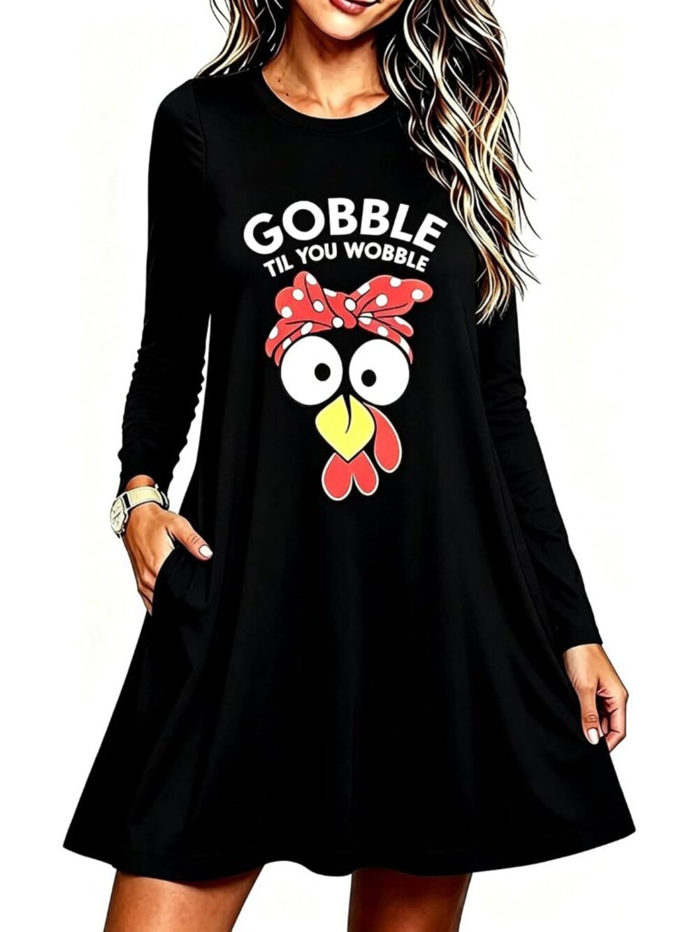 🆕Women's Thanksgiving Gobble Til You Wobble Long Sleeve Swing Dress Pockets